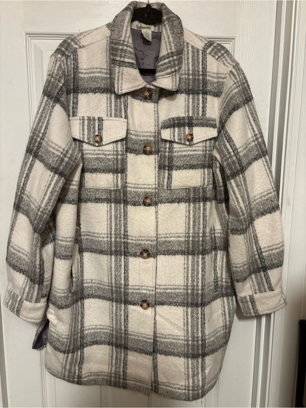 NWOT Belk Wonderly XXL Long Faux Wool Shacket Jacket Shades of Gray Ivory Plaid